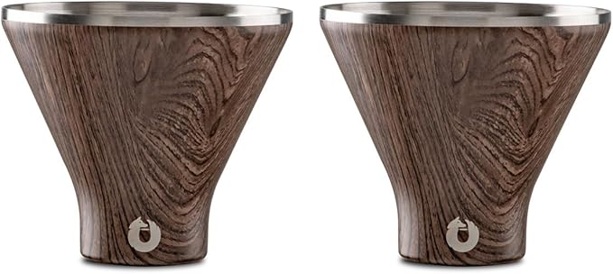 Snowfox Premium Vacuum Insulated Stainless Steel Martini Glass, Set of 2, Martinis Stay Icy Cold, Stemless Cocktail Glasses, Elegant Home Entertaining, Bold Beautiful Barware Set, 8 oz, Dark Walnut