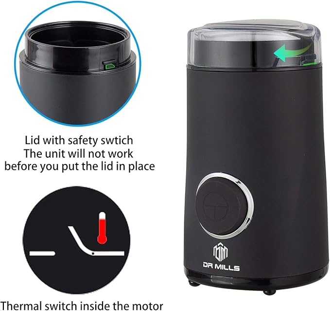 DR MILLS DM-7441 Coffee Grinder Electric, Coffee Bean and Dried Spice Grinder, One Touch Operation, Blade and cup made with SUS304 stainless steel (Black)
