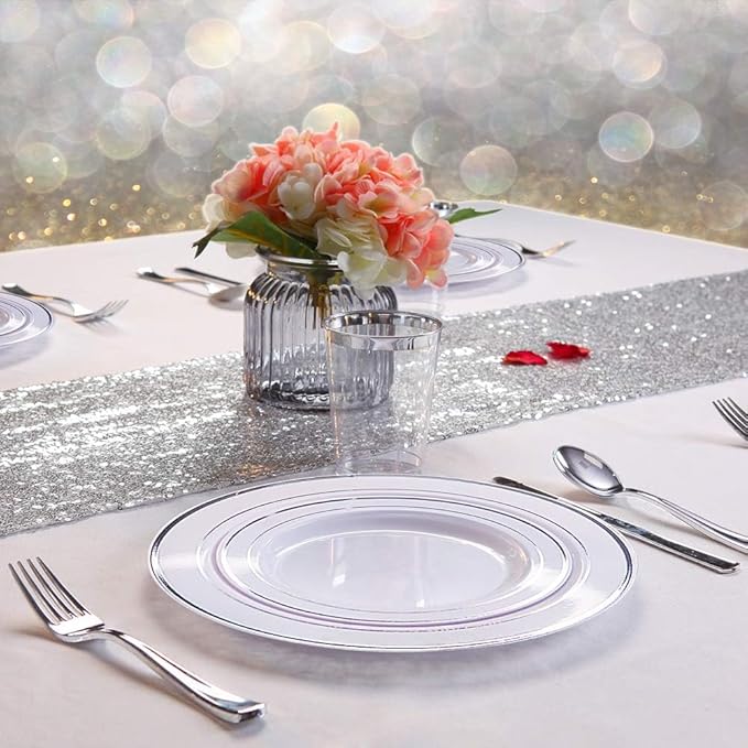 WDF 60PCS Silver Plastic Plates Disposable - Silver Plates Include 30 PCS 10.25inch Silver Dinner Plates and 30PCS 7.5inch Silver Salad Plates for Wedding & Party