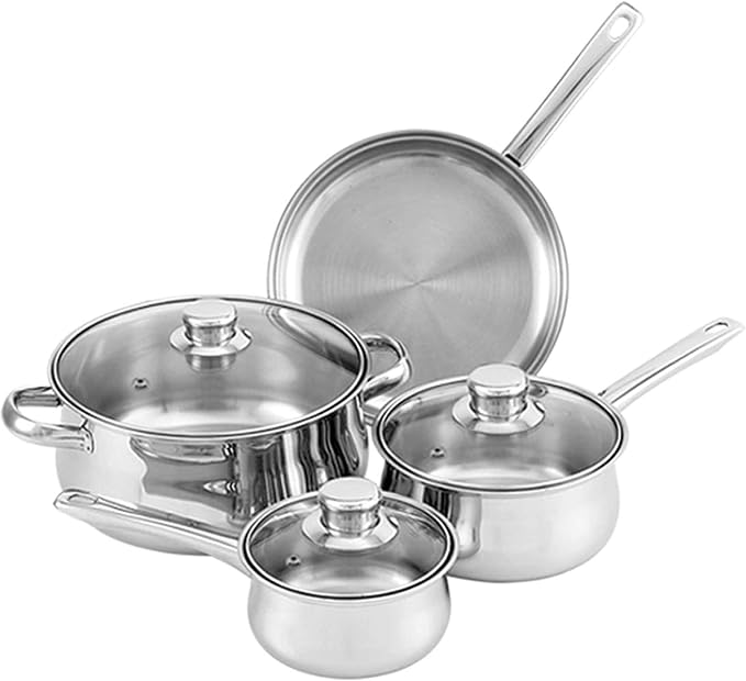 Tuxton Home Nevada 7 Piece Cookware set; Stainless Steel, PFTE & PFOA Free, Freezer to Oven Safe, Induction Compatible; 1QT & 2QT Saucepans, 5QT Dutch Oven, 10" Open Frypan