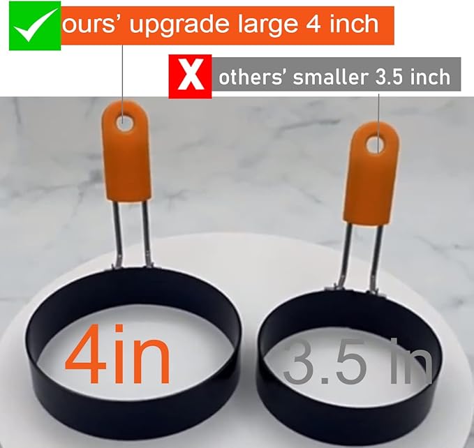 Upgrade 4" Large Egg Rings Set for Griddle,4 Packs Non-stick Stainless Steel Round Egg Ring for Frying Egg Pancake Mold Ring Omelette Ring Shapper for Muffin with 1X Oil Brush & 1X Egg Separator