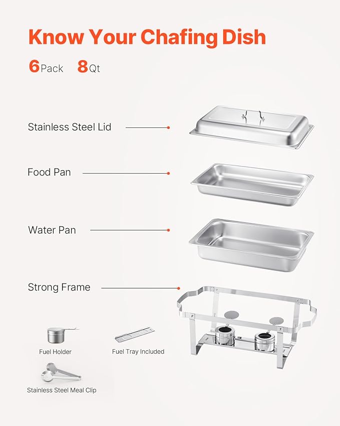 VEVOR Chafing Dish Buffet Set, 8 Qt 6 Pack, Stainless Steel Chafer with 6 Full Size Pans, Rectangle Catering Warmer Server with Lid Water Pan Stand Fuel Holder, for Weddings Parties Banquets, Silver