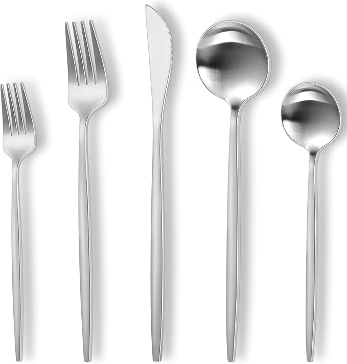 Matte Silverware Set, 30 Piece Stainless Steel Modern Flatware, Brushed Cutlery Service for 6, Satin Finish Utensils, Home Kitchen and Restaurant, Dishwasher Safe (Silver)