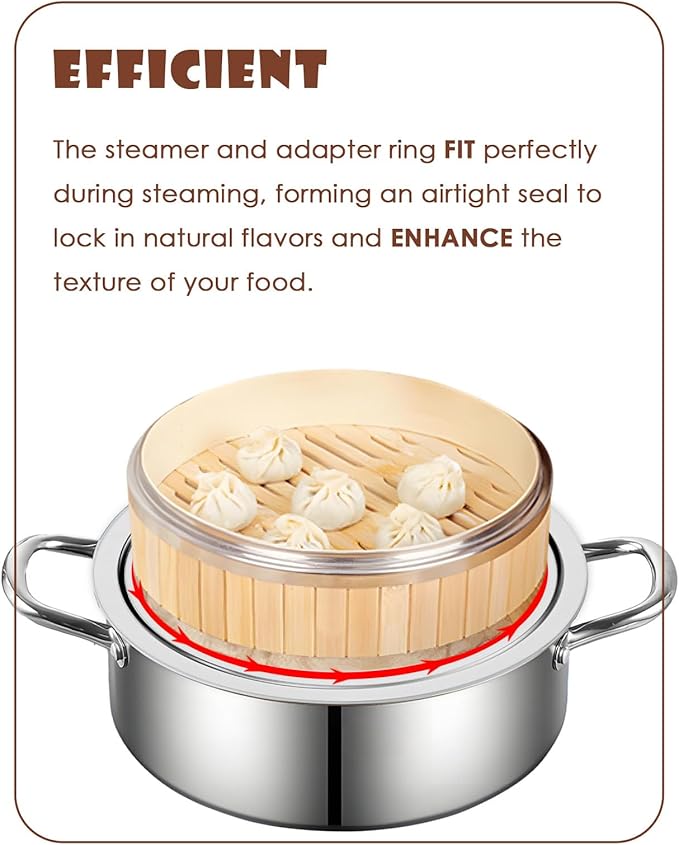 Stainless Steel Steamer Ring | 13 Inch, Fits 7 to 12 Inch Bamboo Steamer | Steaming Adapter for Steam Pot, Asian Food, Dumpling, Dim Sum, Rice, Veggie for Cooking Basket
