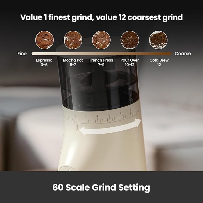Electric Conical Burr Coffee Grinder, Coffee Bean Grinder with Smart 60S Timer, 60 Precise Adjustable Grind Settings for Espresso, 2-12 Cup, Easy to Clean, Durable & Quiet, G9010B White