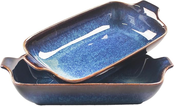 Ceramics Au Gratin baking Dishes Set of 2, Baking Tray Bake ware, 14.4oz Ramekins, for Pie Pan, Appetizer, Tart, Dessert, Quiche, Oven Small dish, individual dishes, Rectangular 9.8 Inch