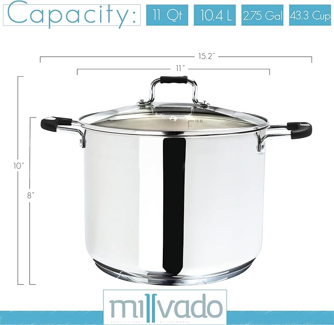 Stock Pot, Large Stainless Steel 11 Quart StockPot, Large Cooking Pot, Clear Glass Lid and Measurement Markings, Steam Hole, Induction, Gas, Electric Compatible Big Boiling Pot