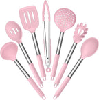 E-far Silicone Cooking Utensils Set, 7 Pcs Heat Resistant Kitchen Utensils with Stainless Steel Handle, Slotted Turner, Spoon, Soup Ladle, Pasta Server, Skimmer, Tongs for Nonstick Cookware, Pink