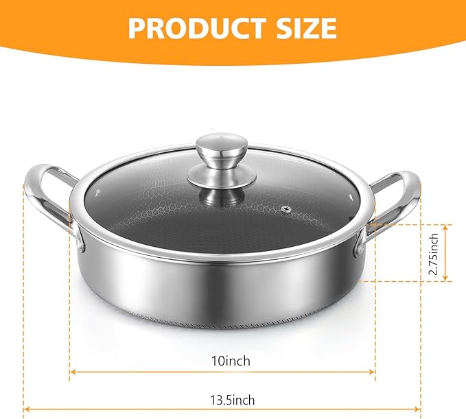Saute Pan,10 Inch Nonstick Deep Frying Pan,316L Stainless Steel Sauté Pan with Lid,Induction Cooking Pan,PFOA Free Cookware,Dishwasher & Oven Safe