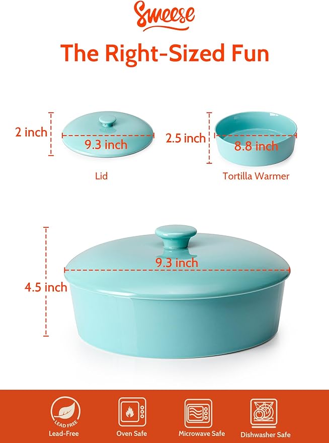 Sweese Ceramic Tortilla Warmer - Holds 12 Tortillas, Microwave & Oven Compatible, Elegant Turquoise Tortilla Holder with Lid for Taco Nights, Pancakes, Waffles - Durable & Easy to Clean