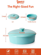 Sweese Ceramic Tortilla Warmer - Holds 12 Tortillas, Microwave & Oven Compatible, Elegant Turquoise Tortilla Holder with Lid for Taco Nights, Pancakes, Waffles - Durable & Easy to Clean