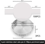 7 Inch Round Cake Pans Set of 3, Nonstick Stainless Steel Baking Pans Set with 100PCS Parchment Papers, Heavy Duty Durable Birthday Wedding Circle Layer Cake Pans Sets for Baking, Dishwasher Safe