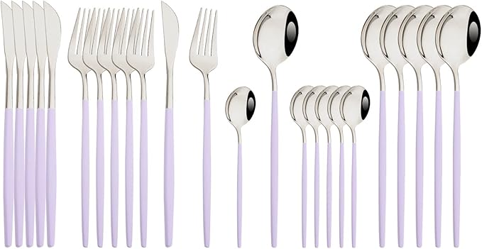 JASHII Flatware Set 24 Piece, Stainless Steel Silverware Set, Macaron Small Fresh Color Cutlery Set, Modern Elegant Tableware Set for Party, Christmas, Dinner (Purple Silver)