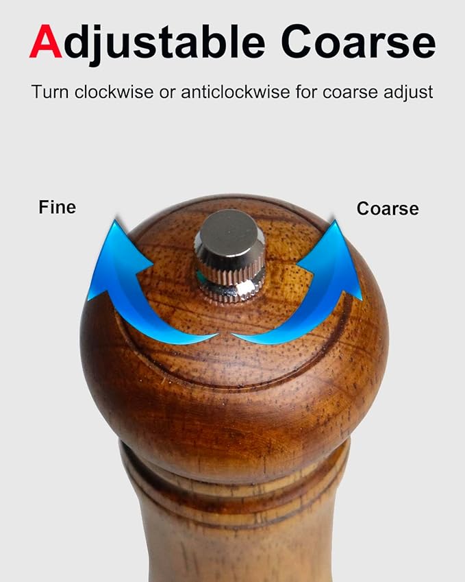 Pepper Grinder Salt Grinder Wooden Pepper Mill Grinder w/Adjustable Coarse, 8 inch Tall Wood Refillable Manual Pepper Grinder Mill Peppermill for Black Peppercorn