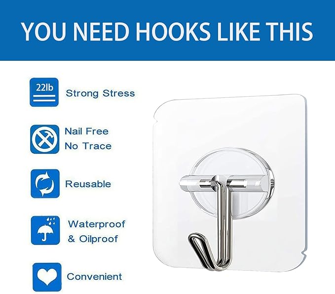 COLOGO 100 Pack Adhesive Hooks 24lb(Max) Heavy Duty Self Adhesive Hooks, Transparent Reusable Seamless Adhesive Wall Hooks for Kitchens, Bathroom, Office