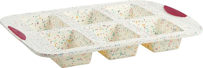 Trudeau Mini Loaf Pan – White Confetti/Fuchsia, 6-Cavity Nonstick Silicone Bakeware for Homemade Bread, Banana Bread, Pound Cake, and Mini Desserts – Flexible, BPA-Free, Dishwasher Safe