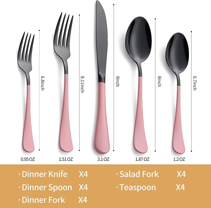 20-Piece Black Silverware Set 18/0 Stainless Steel Silverware Set Light pink Handle Cutlery Set Service for 4 Dinner Knives Forks Spoons Set Flatware Set Finish Dishwasher Safe