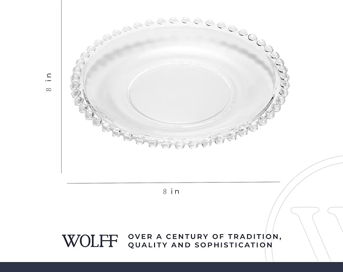 WOLFF - Set of 4 Pearl Beaded Crystal Dessert Plates - Salad, Appetizer or Starter Plate, Dinner Accessories, Decorative Dish, Crystal Kitchen Accessories - Luxury Dinnerware - Clear 8"