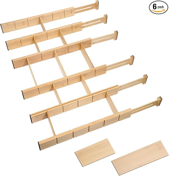 6 Pack Bamboo Drawer Dividers with 12 Inserts Expandable Adjustable 17" to 22" Drawer Organizers Separators for Kitchen, Bedroom, Home, Clothes, Dressers, Office