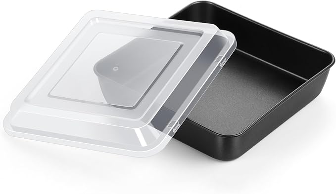 P&P CHEF Square Baking Pan with Lid, Nonstick Stainless Steel Square Cake Pan and Plastic Lid, Black Bakeware Tin for Lasagna Brownies, Sturdy & Easy Clean, (9 Inch, 2Pcs)