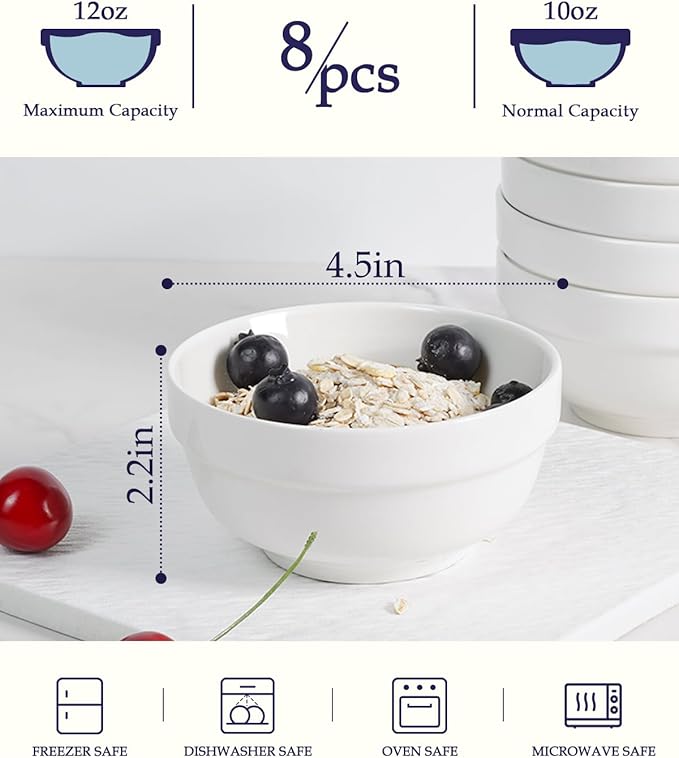 NUTRIUPS 12oz Small Bowls, 4.5in Ice Cream Bowl, Set of 8 White Ceramic Bowl for Dessert Snack Rice Side Dishes