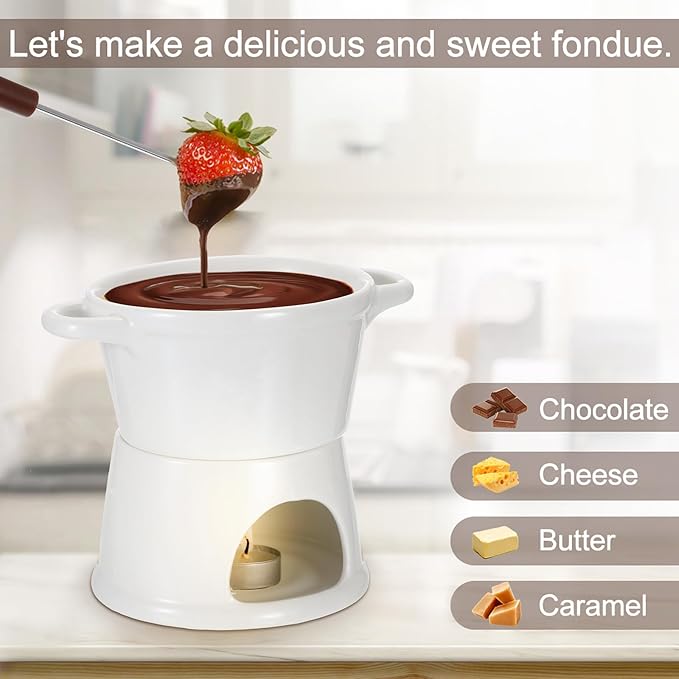 BSTKEY 300ML Ceramic Butter Warmer Set with 2 Forks, White Fondue Pot Melting Pot Set, Melt Hot Pot Bowl Set for Cheese Chocolate Butter Caramel