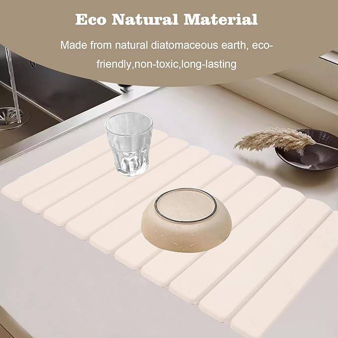 Stone Dish Drying Mats for Kitchen Counter, 24"×16" - Quick Dry Eco-Friendly Diatomaceous Earth Mat, Super Absorbent, Non-Slip Collapsible Dish Drying Mat for Dishes Bottles Cups, Match any Countertop