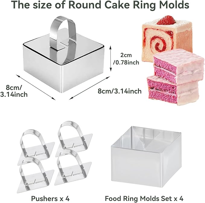 Uncle Jack 4 Pieces Food Ring Molds Set, 3 Inch Stainless Steel Cake Ring Mold with Pusher, for Kitchen Tools, Baking Pastry, Cake, Mousse (Include 4 Rings and 4 Pushers)