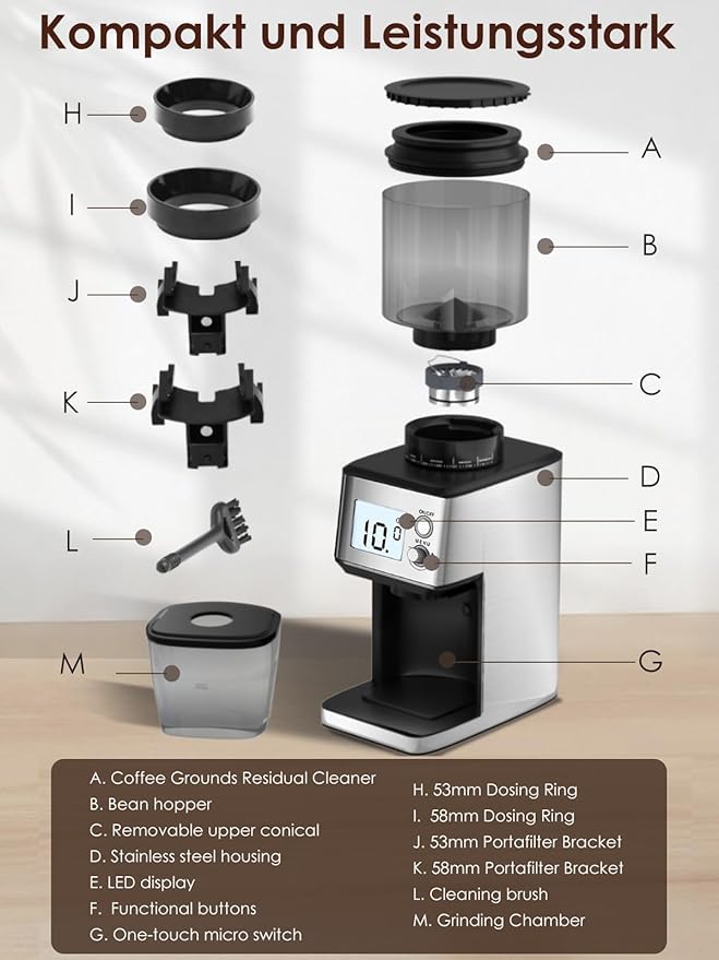 Homtone Conical Burr Espresso Coffee Grinder, 51 Precise Settings, Electric Mill with Portafilter Holder, 2-12 Cups Adjustable, Anti-static, Stainless Steel, 120V