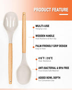 Large Silicone Cooking Spoons, 2 Pack Nonstick Solid and Slotted Wooden handle Spoon Set, Heat Resistan Silicone Kitchen Spoons for Cooking, Serving, Basting, Mixing (Khaki)