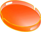 Acrylic Serving Tray with Handles Large Decorative Ottoman Tray 17x13'' Round for Bathroom Food Coffee Fruit Snack Tea Dinner Living Room, Neon Orange