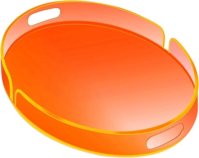 Acrylic Serving Tray with Handles Large Decorative Ottoman Tray 17x13'' Round for Bathroom Food Coffee Fruit Snack Tea Dinner Living Room, Neon Orange