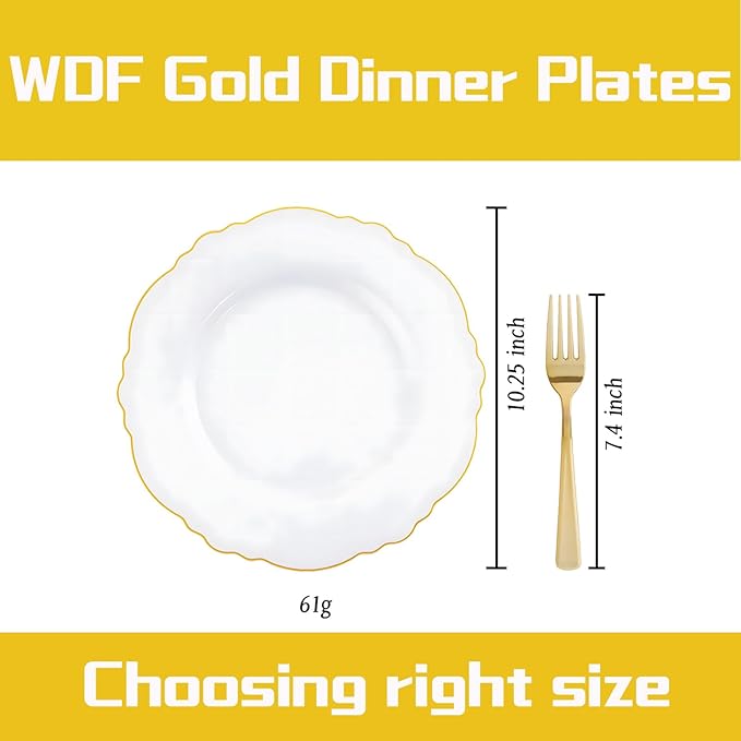WDF 60pcs Gold Plastic Dinner Plates -10.25inch Baroque White and Gold Wedding Plates Fancy Heavy Duty Fall Plastic Plates for Upscale Thanksgiving Parties & Wedding & Birthday