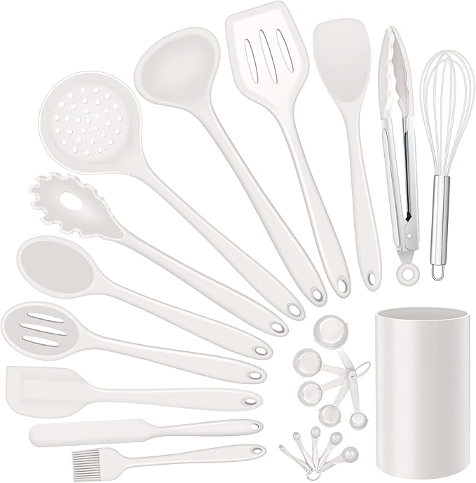 Silicone Kitchen Utensils Set, E-far 23 Pcs White Cooking Utensils Tools with Holder for Nonstick Cookware, Include Spatula/Spoon/Ladle/Tongs/Turner, Heat Resistant & Nontoxic, Dishwasher Safe