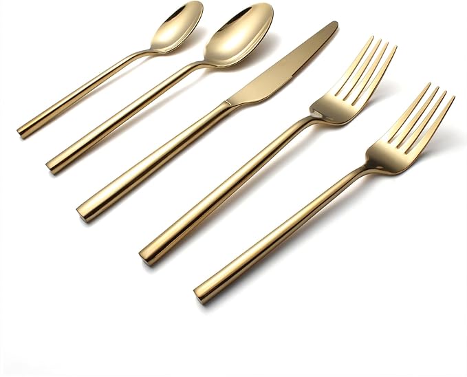 Gold Silverware Set, 20-Piece Flatware Cutlery Set Service for 4, Heavy Duty Titanium Coating Modern Design, 18/0 Stainless Steel Utensils, Dishwasher Safe