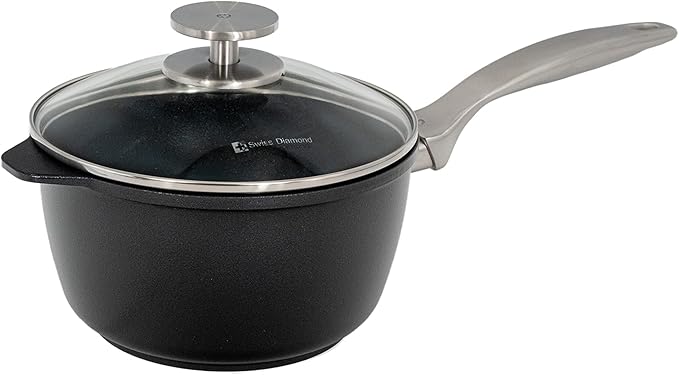 Swiss Diamond Nonstick Hybrid Ceramic and Diamond-Infused Saucepan With Glass Lid, PFAS- and PFOA-free, Dishwasher & Oven Safe Up To 500 °F (2.2 Quart)