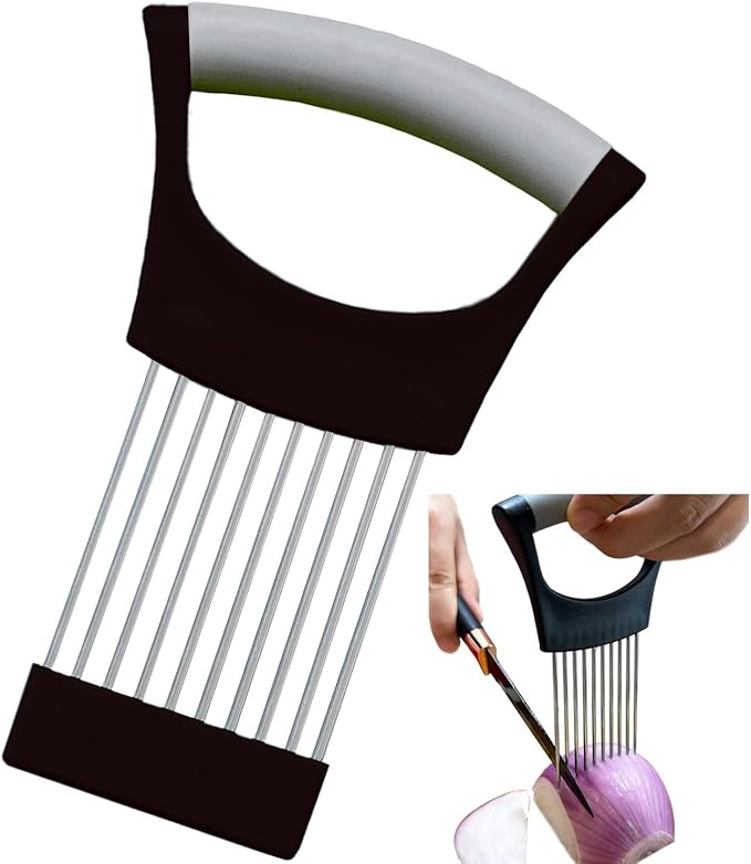 Onion Holder for Slicing Onion Slice Holder Kitchen Chopper Assistant Tool,Vegetable Cutter with Protective Cover for Tomato,Lemon,Potato,Egg,Food Slice Assistant,Home Kitchen Tool (Black & Gray)