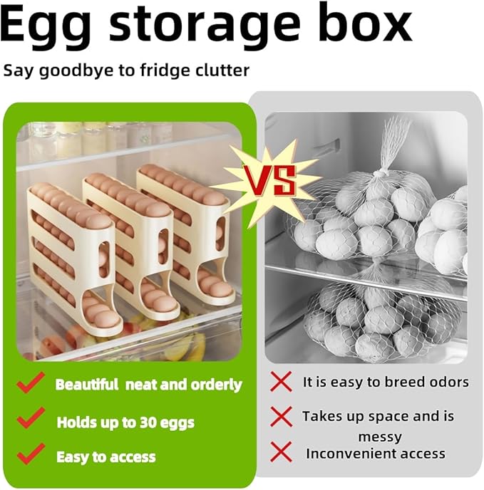 Egg Holder for Fridge, Egg container for refrigerator, Space-Saving Automatic Rolling Eggs Dispenser, 4 Tiers Fridge Egg Rack for Refrigerator Holds up to 30 pcs