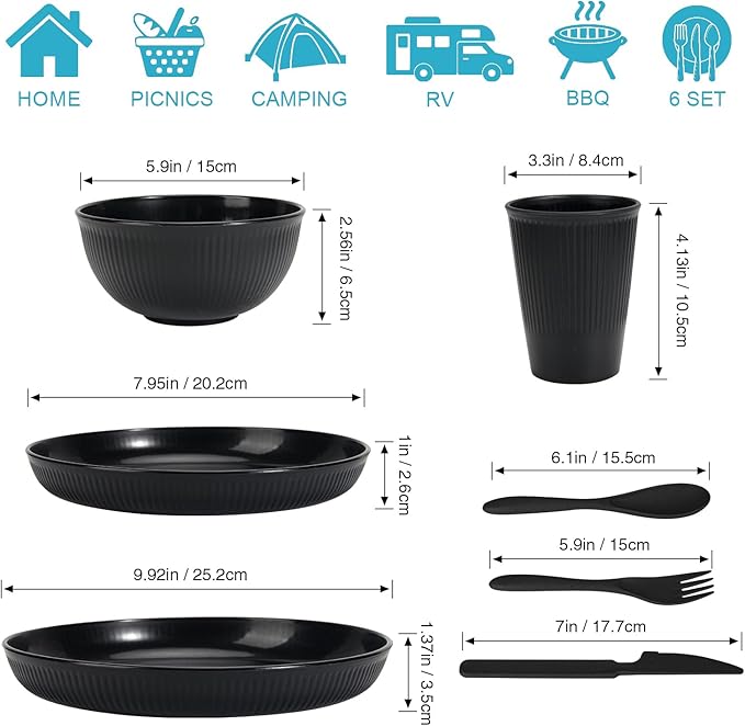 OAMCEG Wheat Straw Dinnerware Set | 42 pcs Plates and Bowls Sets for Kitchen & Camping | Wheatstraw Dinnerware Set Black dish set for 6 (Includes Dinner Plates, Bowls, Cups & Cutlery)