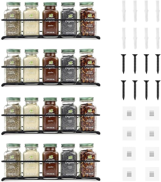 4 Pack Spice Rack Organizer, Wall Mount Spice Rack Organizer,Screw or Adhesive Hanging Spice Rack, Black