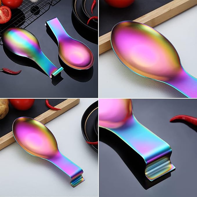 Matte Rainbow Spoon Rest, Stainless Steel Holder for Stove Top, Kitchen Utensils, Ladles, Tongs, Spatula, Pot Lid - Dishwasher Safe (2PC-9.5 Inch)