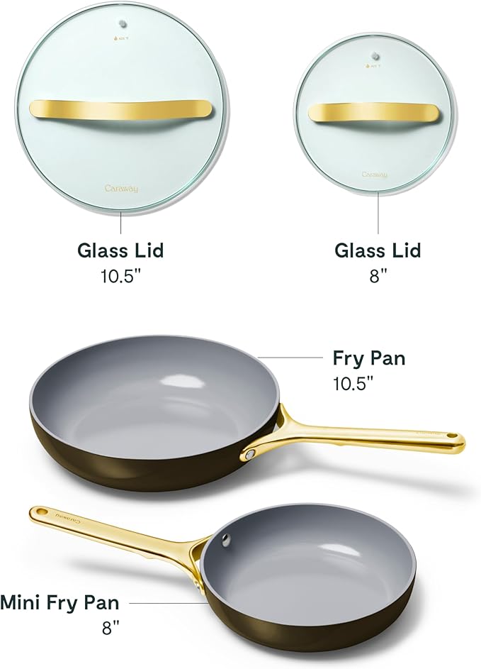 Caraway Ceramic Fry Pan Duo with Glass Lids - Non-Stick Frying Pans (10.5” & 8”) - Non Toxic, PTFE & PFOA Free - Oven Safe & Compatible with All Stovetops – Black