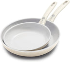 GreenPan Dover 8” 10” 2 Piece Frying Pan Skillet Set, Non-Toxic PFAS-Free Ceramic Nonstick Coating, Sear Saute Fry Egg Omlete, Dishwasher & Oven Safe, Stay Cool Handle, Easy Pour Rims, Cream White