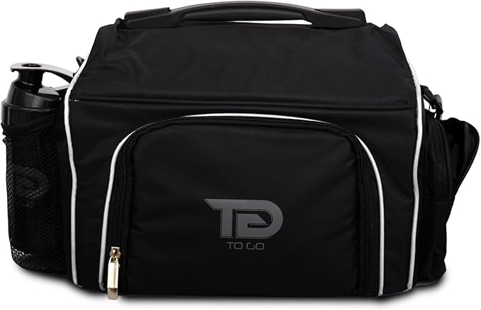TO GO Meal Prep Bag Insulated Lunch Meals Bag W/6 Portion Control Containers,2 ICE PACKS, Shaker, Pill Box,With an Adjustable shoulder. bag for meals (Black)