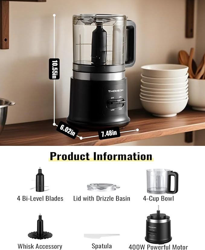 Food Chopper, 4 Cup Fast Food Processor, Electric Meat Grinder with 2 Speed, 4 Stainless Steel Blades, and Whisk, 400W Power for Chopping, Mixing, Emulsifying, Puree and Whisking, BPA-Free