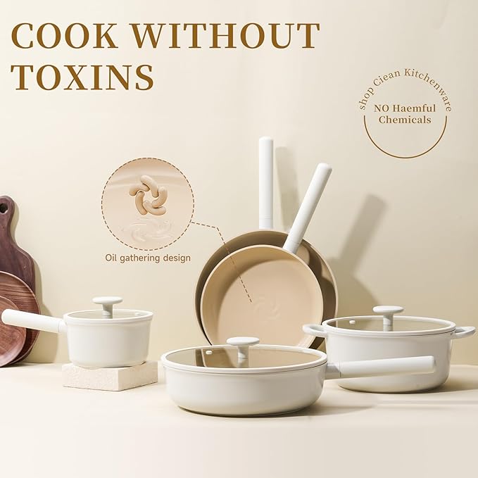 JEETEE Ceramic Cookware Set, 15 PCS Pots and Pans Set Non Stick with Removable Handles, Non Toxic Induction Kitchen Cookware Sets, Oven Safe PFAS/PFOA Free Cream