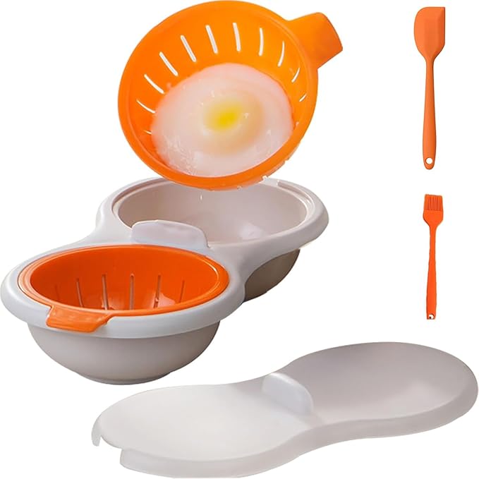 Microwave Egg Poacher 2 Eggs, Double Layer Egg Boiler for Microwave 2 Cavity Eggs Poacher Steamer Boiled Egg Cup Mold Microwave Boiled Eggs Maker for Egg Boiler Hamburg Sandwiches (Yellow+Accessories)