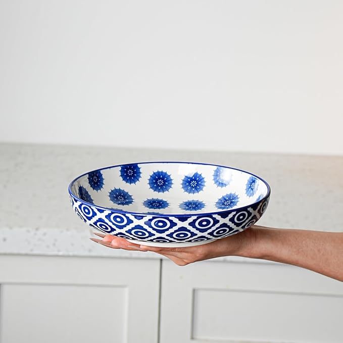 Ceramic Pasta Bowls Set - 32 OZ Porcelain Serving Soup Cereal Bowls 8.5 inch Wide and Shallow Salad Dinner Bowls - Microwave Dishwasher Oven Safe - Set of 4 - Vintage Blue