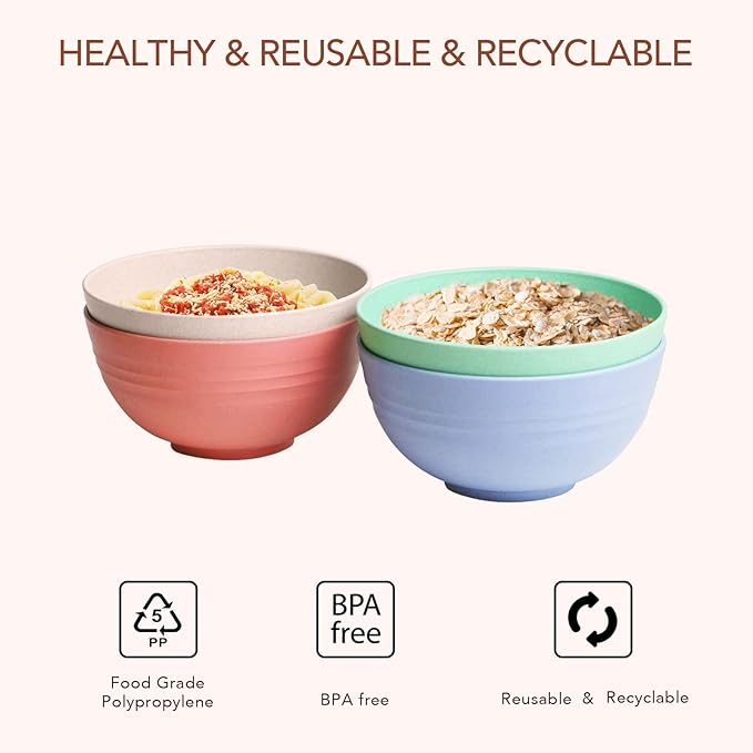 greenandlife Lightweight & Unbreakable Wheat Straw Bowl - Noodle Fruit Soup Bowl Rice Bowls Dishwasher Microwave Safe Cereal Bowl sets 4pcs