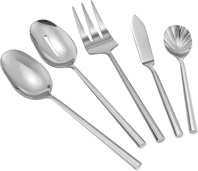 Silverware Serving Set 5-Piece Mirror Polished Stainless Steel Flatware Thick Handle Hexagon Cutlery Serving Utensils Set